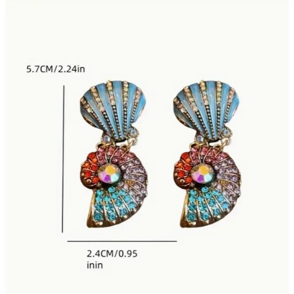 Stunning Blue Shell Rhinestone Earrings 2.24" Ombre Purple Pink Red - Picture 3 of 6